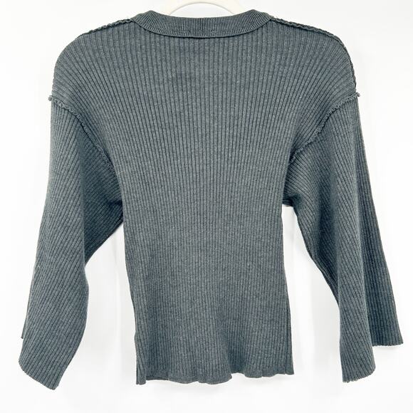 Oat Womens Fall Drop Shoulder Wide Sleeve Ribbed Knit Henley Sweater Size S Gray - Picture 6 of 6